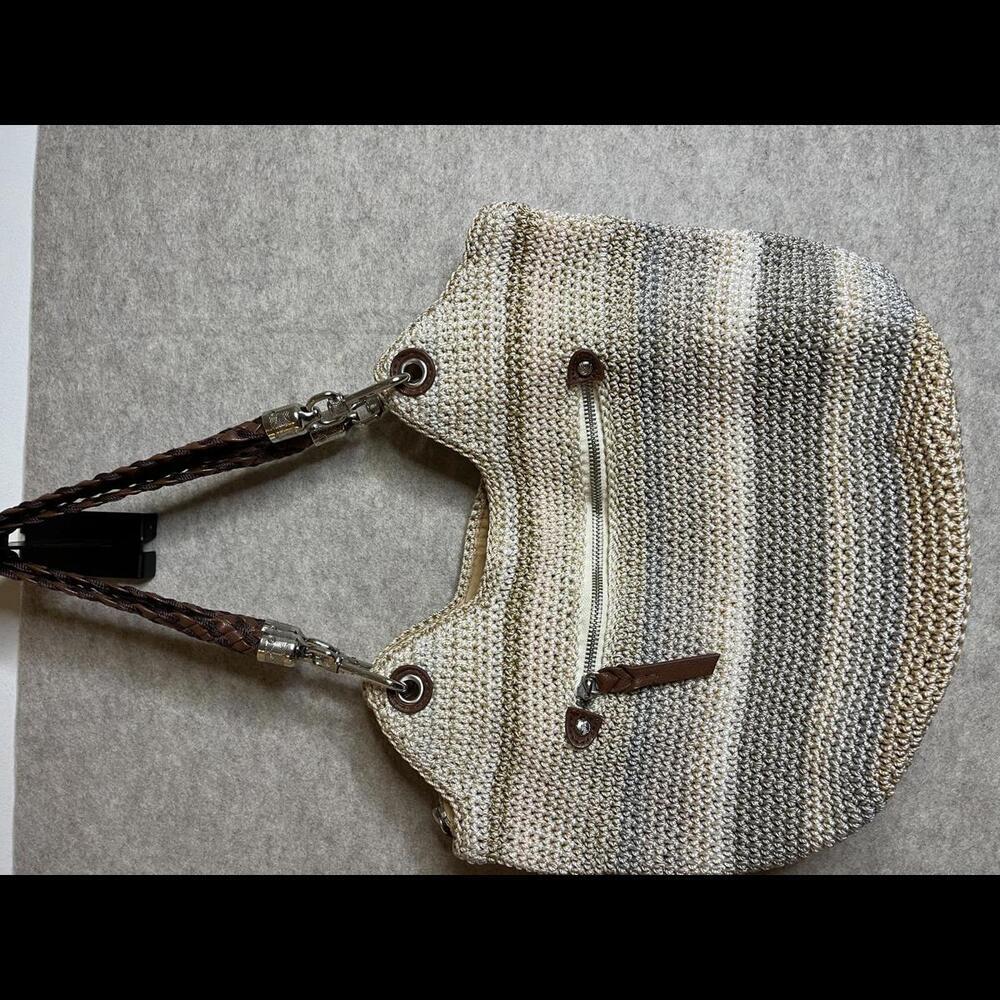 The Sak Striped Crochet Hobo Bag Leather Handles